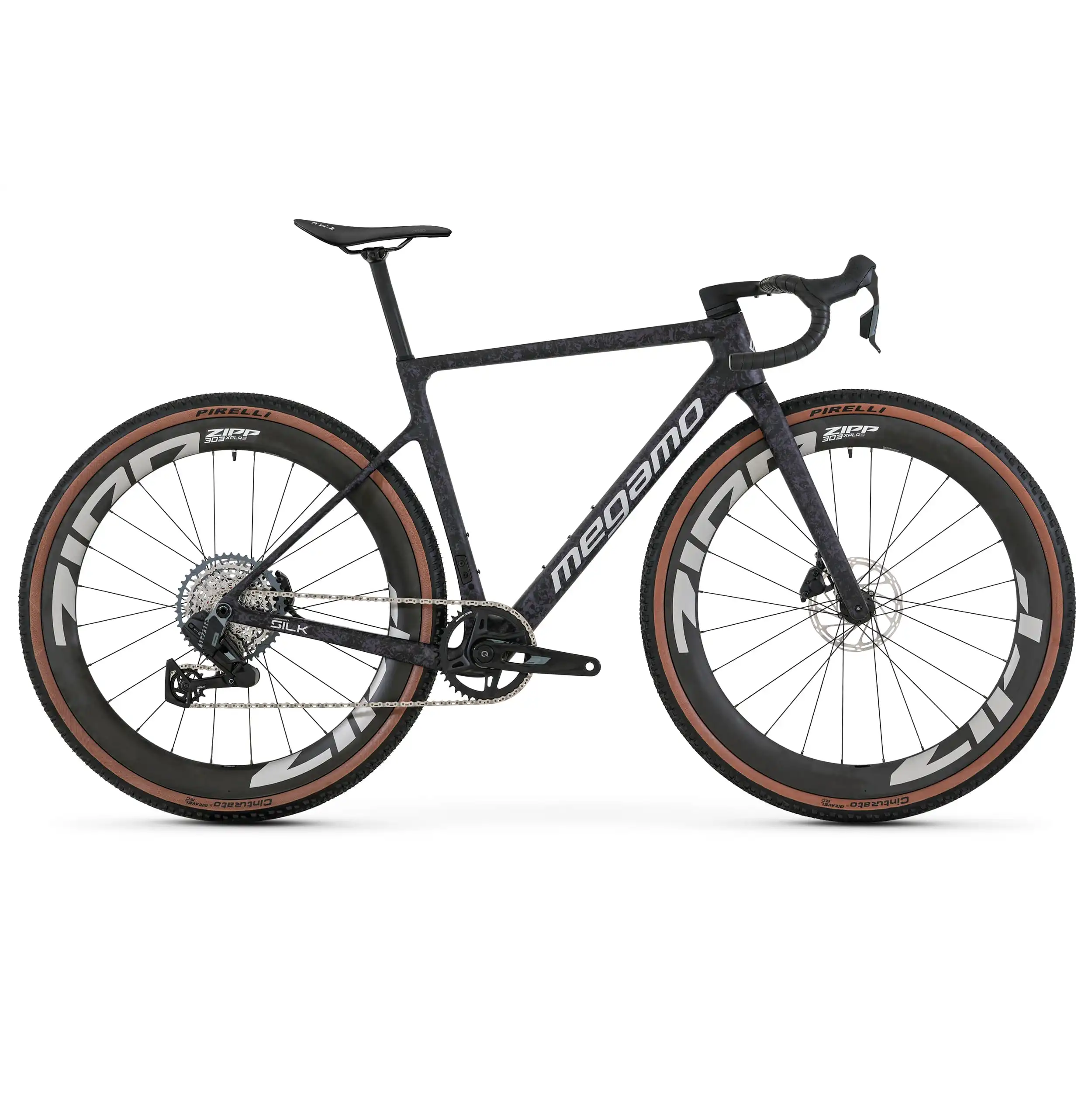 Sleek black gravel bike megamo silk 02 zipp sram rival