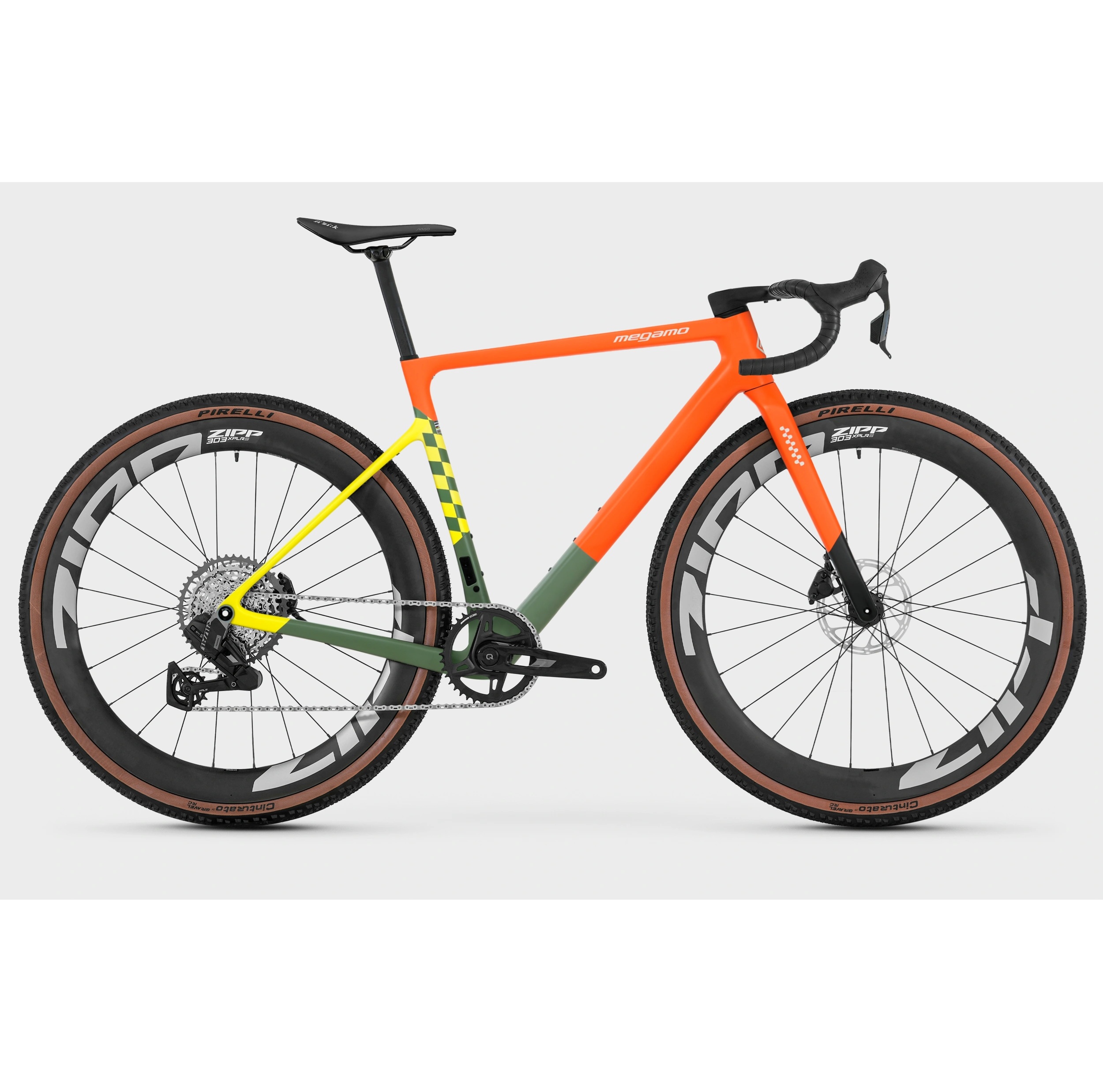 megamo gravel racing team color orange yellow green with carbon wheels